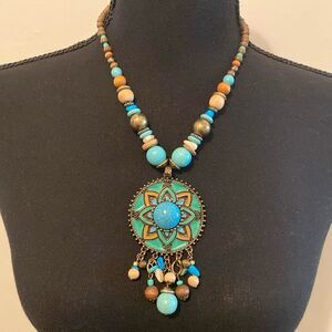 Laura Ashley Turquoise and Wooden Beaded Pendant Statement Piece Necklace